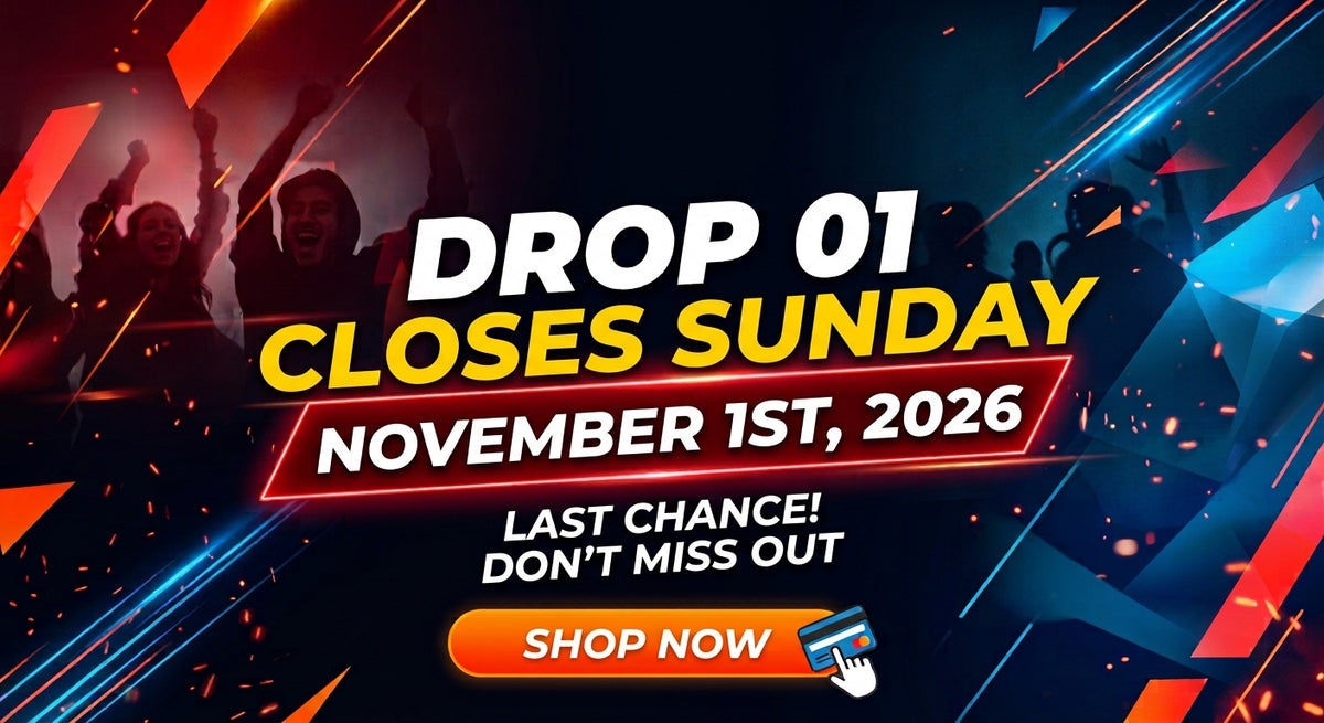 Promotional graphic with the text 'DROP 01 CLOSES SUNDAY NOVEMBER 1ST, 2026', 'LAST CHANCE! DON'T MISS OUT', and a large orange 'SHOP NOW' button on a dark abstract background with people silhouettes and neon geometric accents.